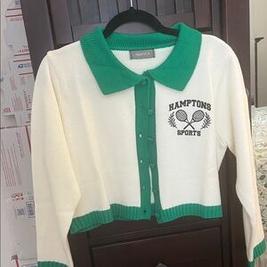 Green and White Knit Cropped Cardigan